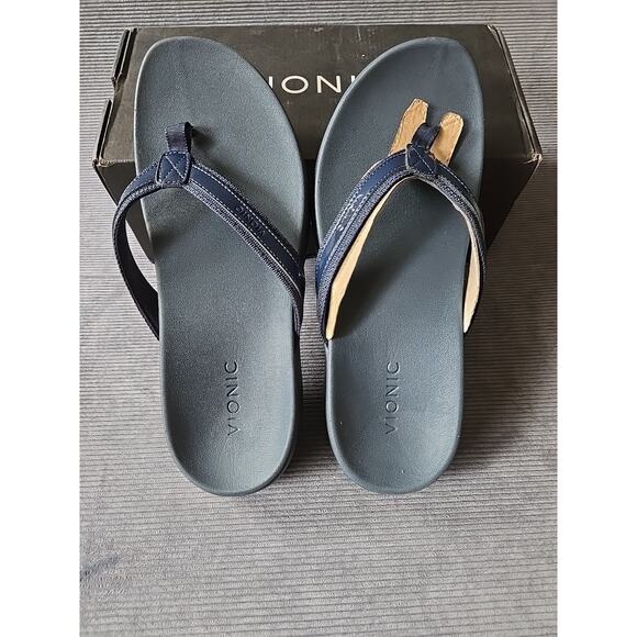 Vionic High Tide II Toe Post Navy Blue Patent Leather Sandal Women's size 11 NEW - Picture 10 of 11
